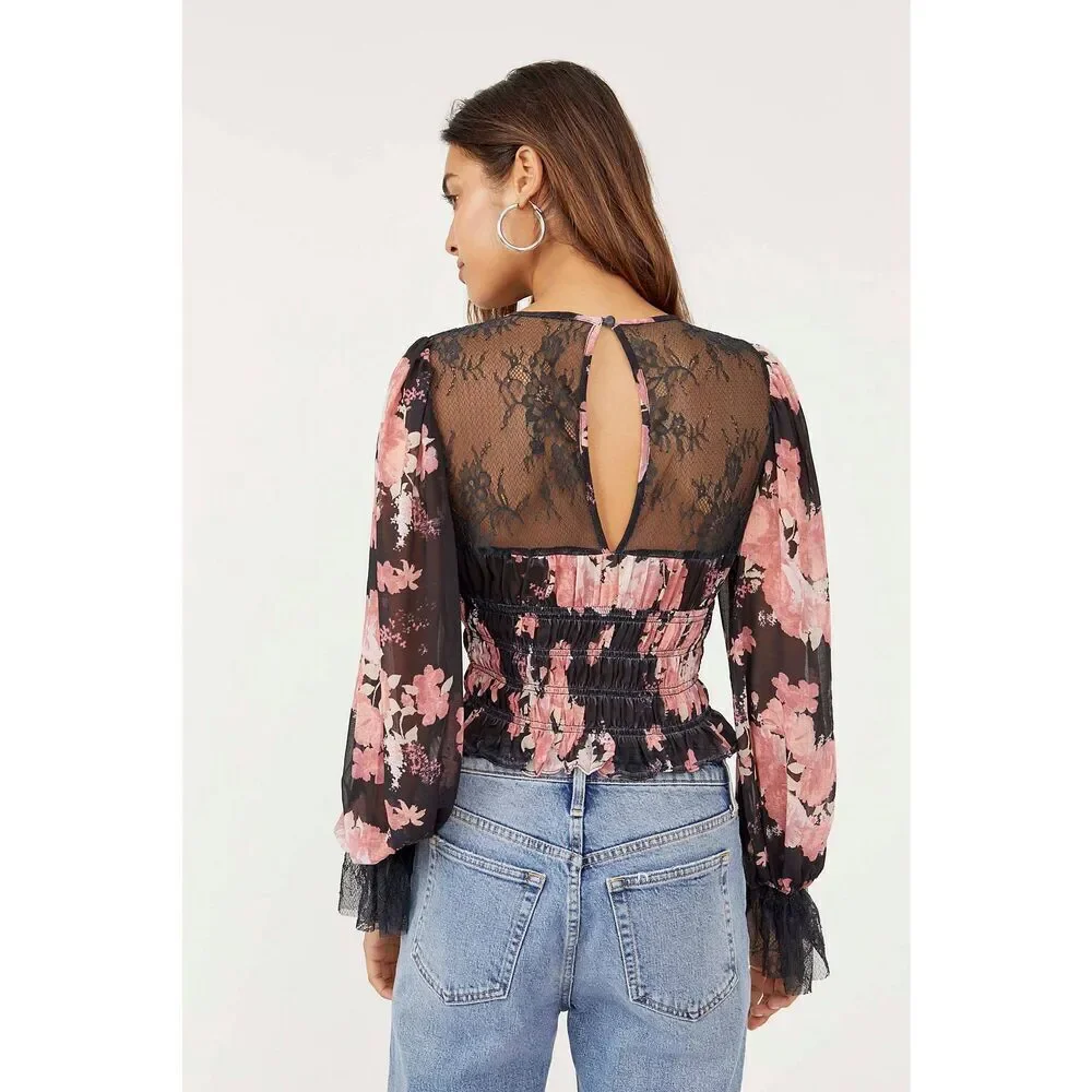 Free People Womens Sheer Embroidered Lace Daphne Blouse Midnight Combo Small NWT